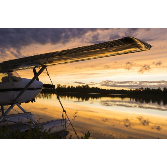 Six Mile Lake and float planes at sunset near Anchorage Alaska Canvas Art - Michael DeYoung Design Pics (19 x 12)