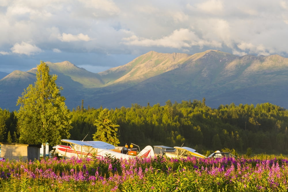 Six Mile Lake and float planes near Anchorage Alaska Canvas Art - Michael DeYoung Design Pics (19 x 12)