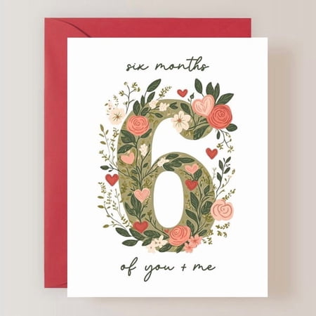 Six Months of You + Me Anniversary Greeting Card, Floral Number 6 Milestone Card for Partner or Spouse, Romantic Botanical Design with Red Envelope