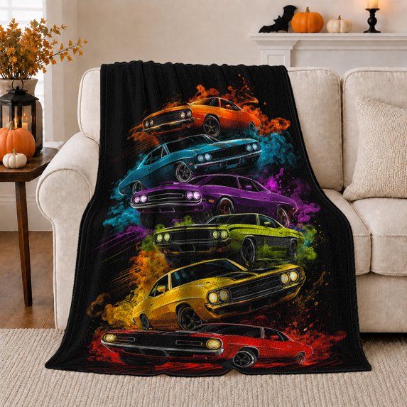 Six Neon Muscle Cars Glowing Smoke Black, Cozy Friendship Quote Scene, Warm Flannel Blanket for Living Room and Reading Nook, Art Lovers Friendship Gift, Fantasy Home Decor
