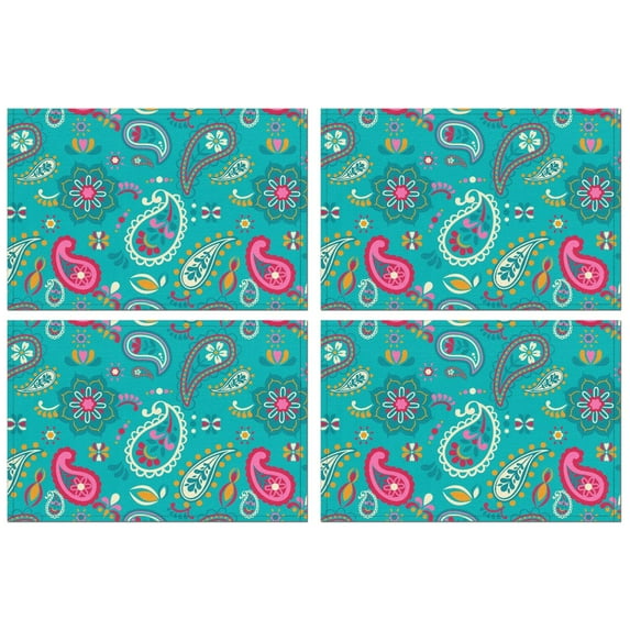 Six-Pack Paisley Placemats, Flax Linen Table Mats with Elegant Vintage Floral and Geometric Mandala Designs, Heat Resistant and Wrinkle Free