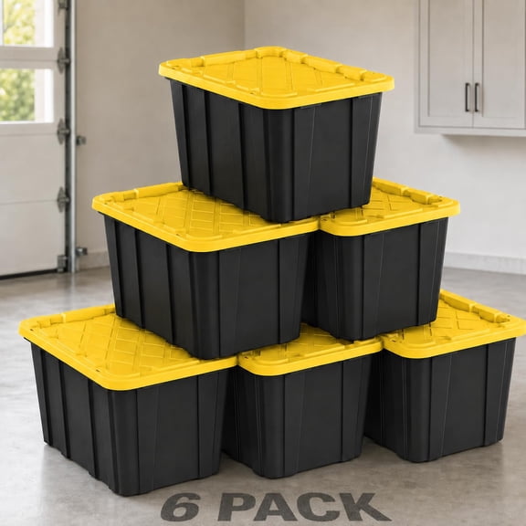 Six Pack Twenty Seven Gallon Large Plastic Storage Totes With Snap On Lids, Durable Stackable Storage Bins For Garage And Basement, Heavy Duty Container Set, Black Yellow