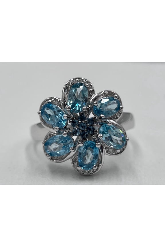 Six Petal Flower Blue Topaz & Zircon Statement Ring  Sterling Silver, Size 8