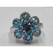 Six Petal Flower Blue Topaz & Zircon Statement Ring   Sterling Silver, Size 9
