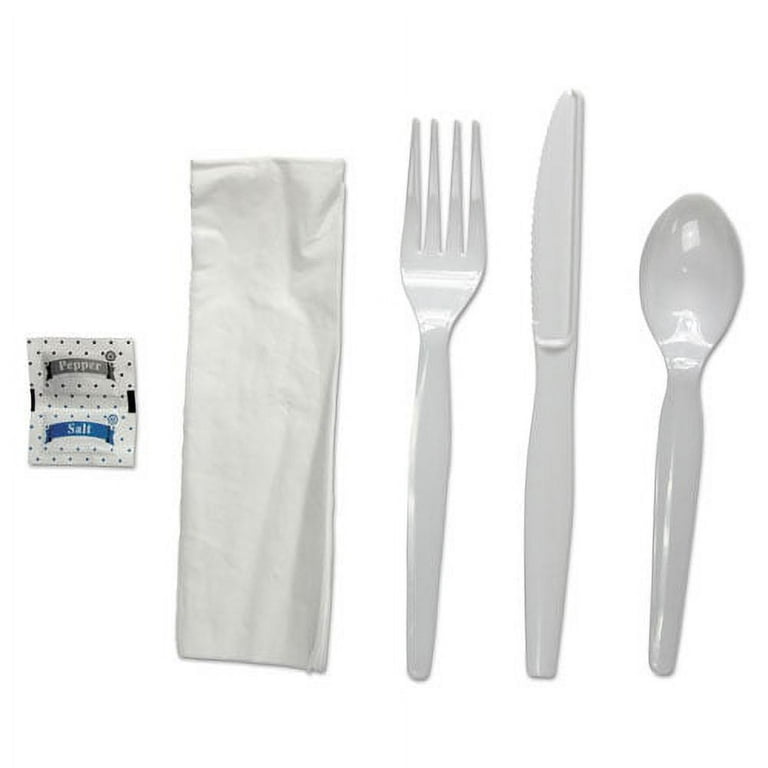 Six-Piece Cutlery Kit, Condiment/Fork/Knife/Napkin/Spoon, Heavyweight, White, 250/Carton Six-Piece Cutlery Kit, Condiment/Fork/Knife/Napkin/Spoon, Heavyweight, White, 250/Carton