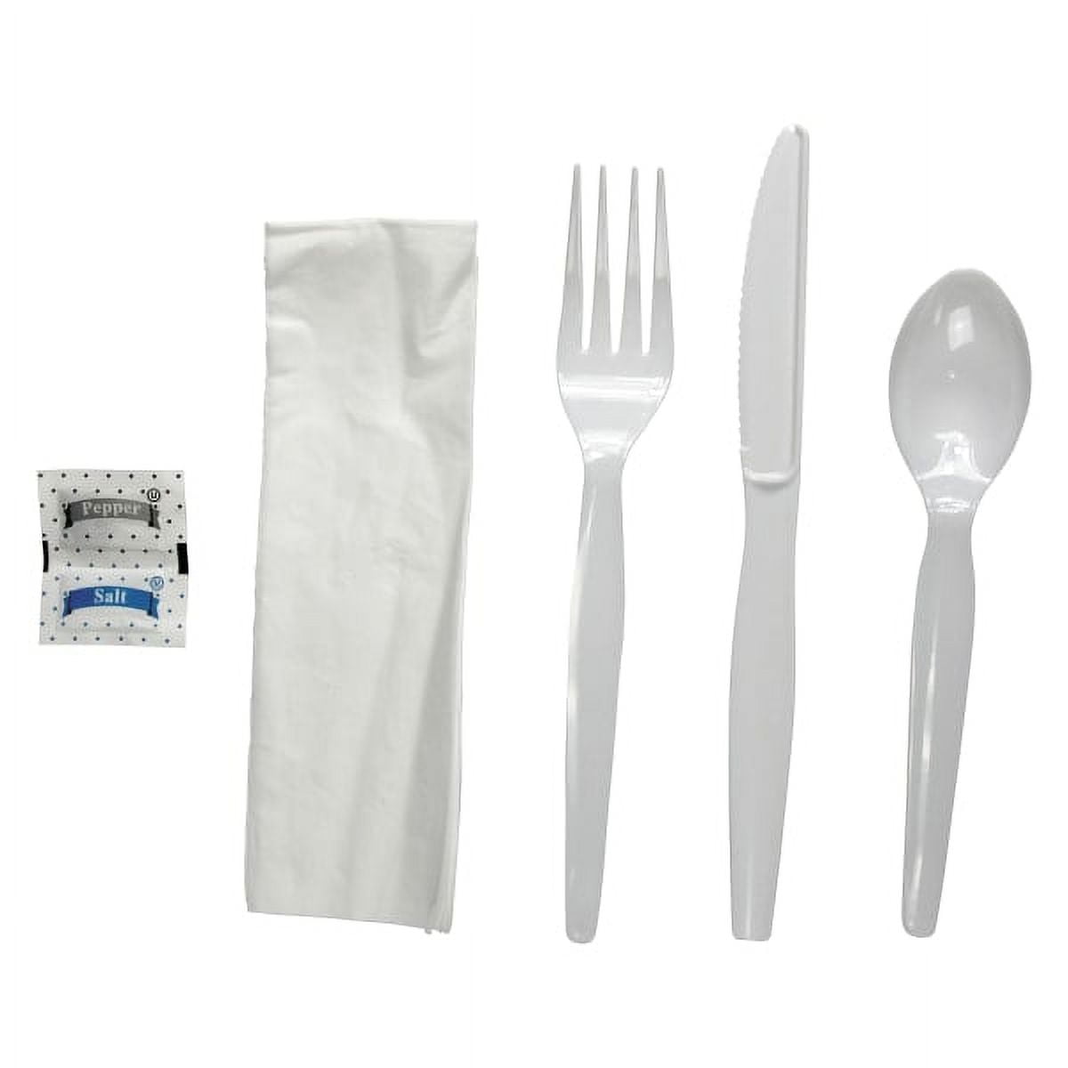 Six-Piece Cutlery Kit, Condiment/Fork/Knife/Napkin/Spoon, Heavyweight, White, 250/Carton Six-Piece Cutlery Kit, Condiment/Fork/Knife/Napkin/Spoon, Heavyweight, White, 250/Carton