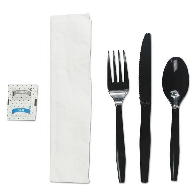 Six-Piece Cutlery Kit, Condiment/Fork/Knife/Napkin/Teaspoon, Black, 250/Carton Six-Piece Cutlery Kit, Condiment/Fork/Knife/Napkin/Teaspoon, Black, 250/Carton