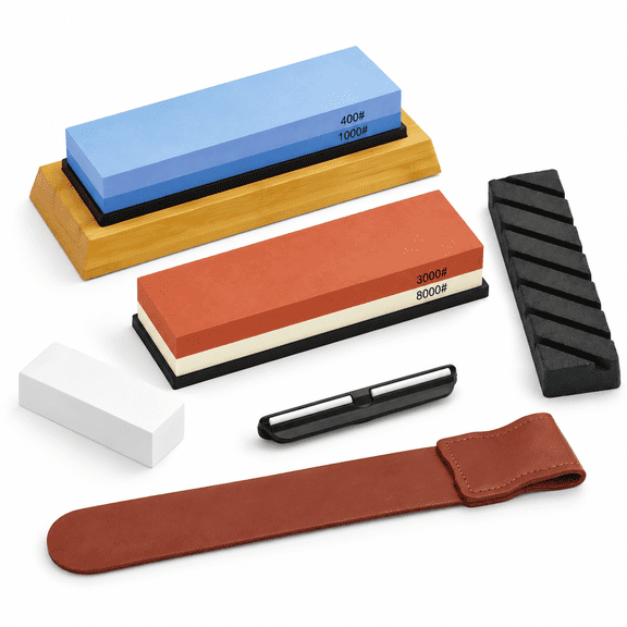 Six-Piece Dual-Grit Whetstone Sharpening Kit with Flattening Stone and Angle Guide