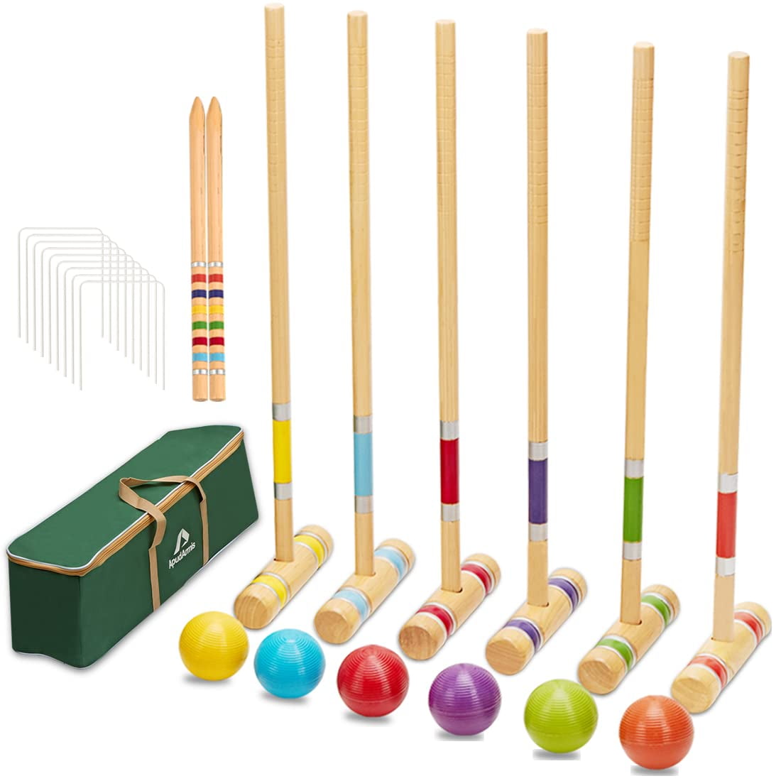 Six Player Croquet Set with Premiun Rubber Wooden Mallets 28In,Colored