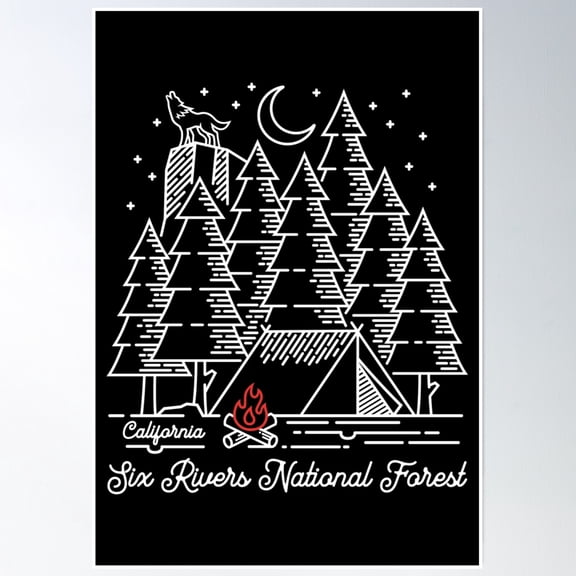 Six Rivers National Forest Monoline Poster Wall Art, Modern Wall Decor, 8x12 UNFRAMED