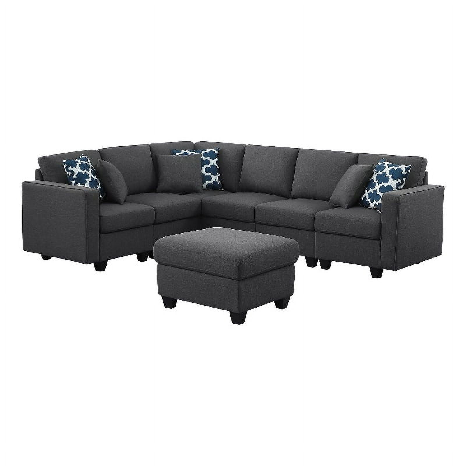 Six Seat Fabric Reversible Modular Sectional Sofa with Ottoman-Dark ...