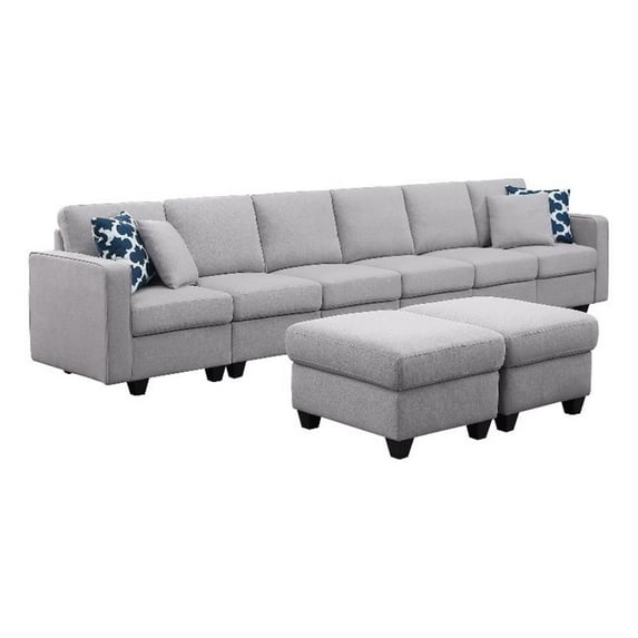 Six Seat Fabric Reversible Modular Sofa & Two Ottoman-Light Gray