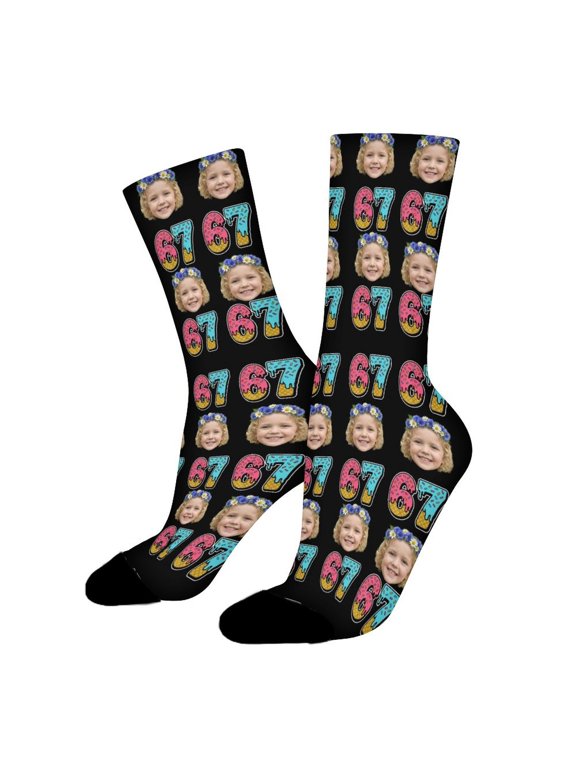 Six Seven Black 67 Custom Face Socks Funny Novelty Crew Socks for Women Men Sports