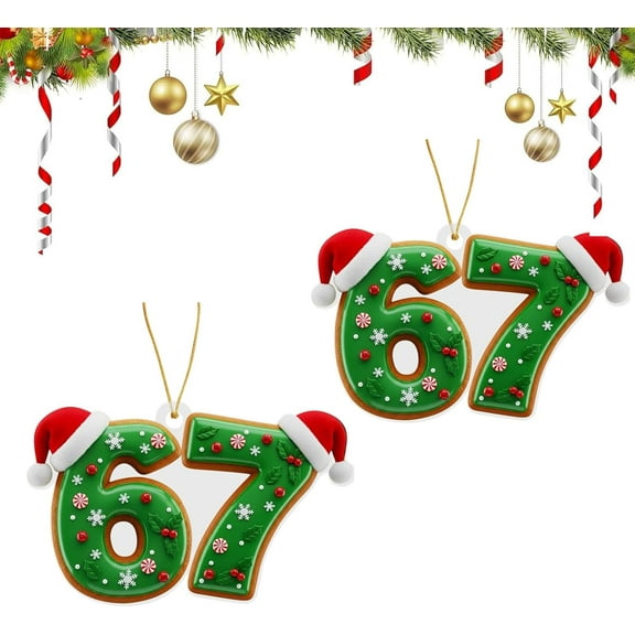 Six Seven Christmas Ornament 2025, 2D Acrylic Santa Hat 6 7 Meme Christmas Tree Ornament, Funny 67 Teen Slang Ornaments, Xmas Tree Decorations,Gag Gifts,Gen Z Ornaments Gift (2PCS Yellow-a, One Size)