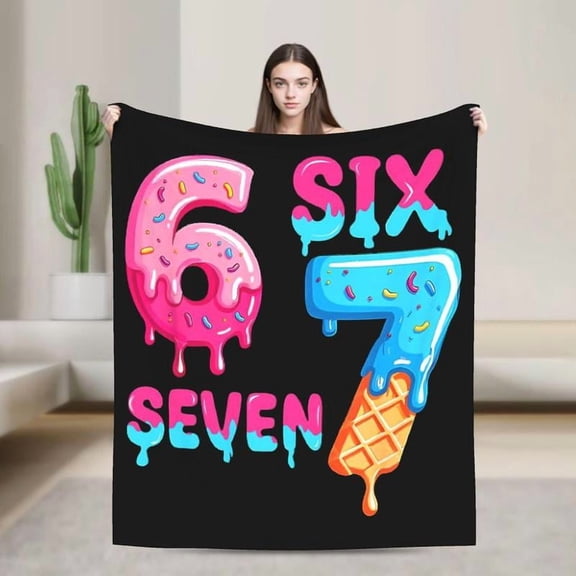 Six Seven Ice Cream Drip Cool Meme 67 Funny Number Blanket Thick Flannel Bedspread with 67 Number Design, Soft Warm All-Season Bed Cover &, Meme-Themed Gift for s & Room Decor