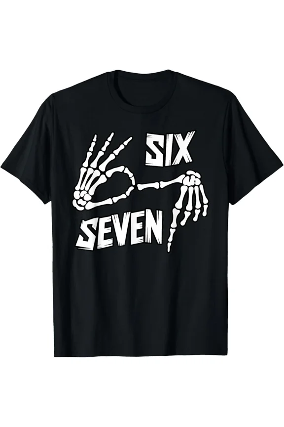 Six Seven Meme Bony Head Hands Sign Funny Graphic Design Unisex T-Shirt, up to Size 5XL