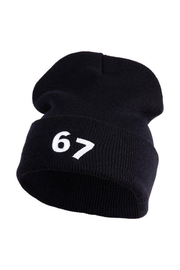 Six Seven Numbers Meme Embroidered 12 inch Long Beanie - Black OSFM