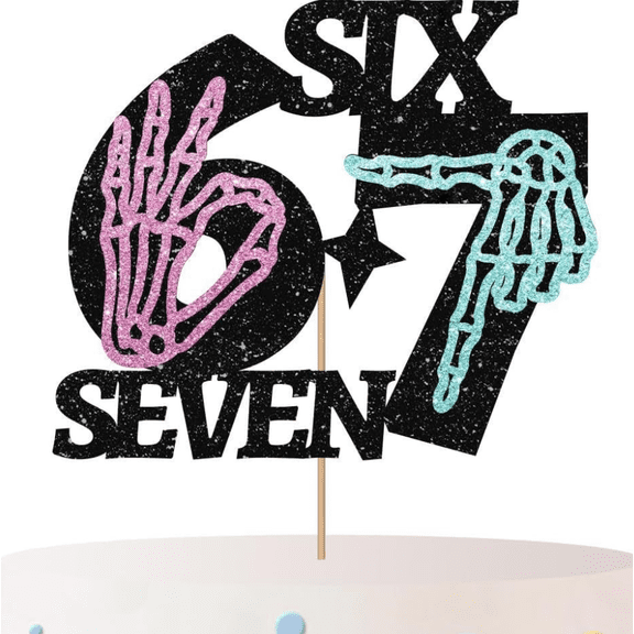 Six Seven Skeleton Hand Cake Topper, Black Glitter Base with Pink Cyan Skeleton Bones 7th Birthday Cake Decor, 1 Pack Gothic Halloween Kids Seven Year Old Party Cake Topper