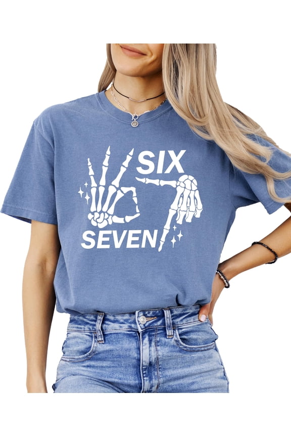 Six Seven Skeleton Shirt for Men & Women Funny Gen Z 6 7 Halloween Meme Tee Blue Jean Shirt Adult Large