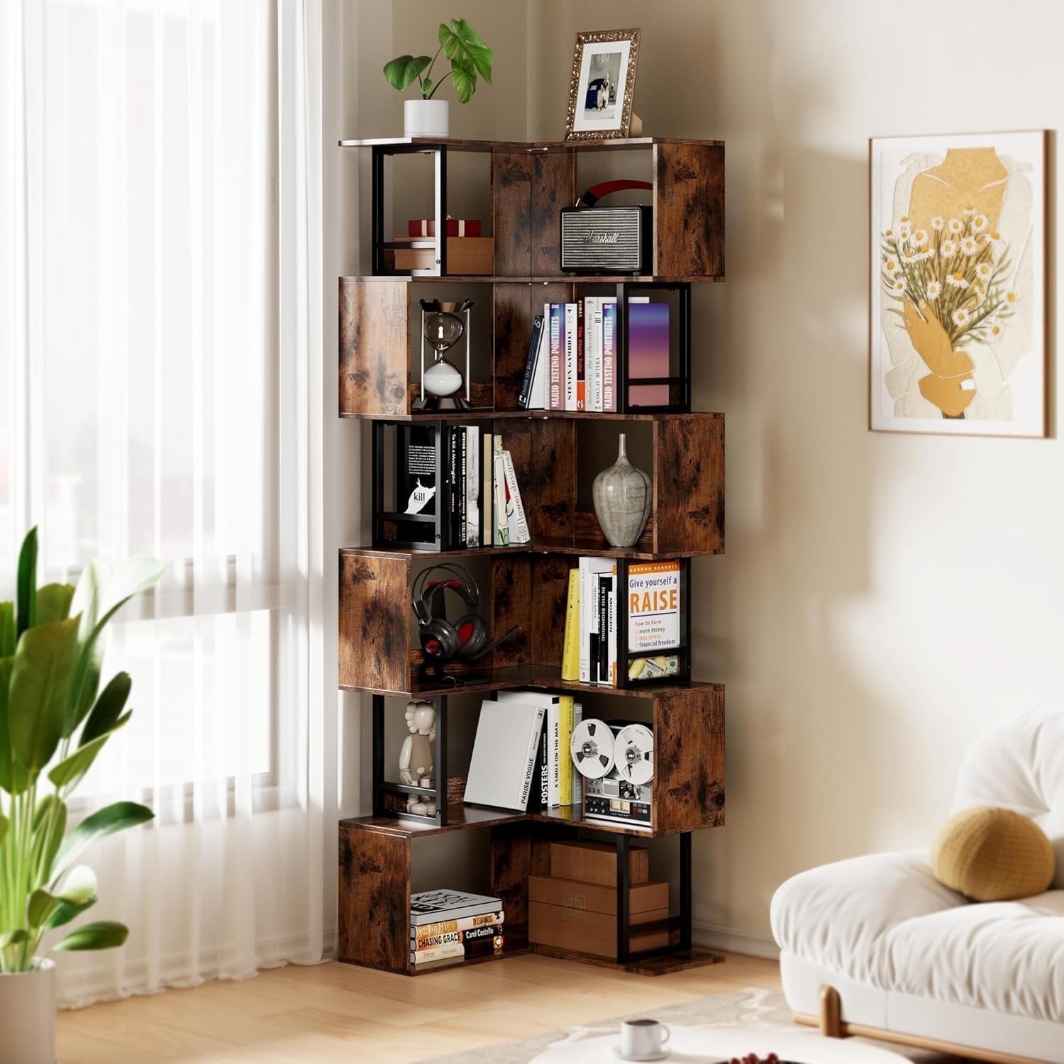 Six Shelves Corner Bookshelf - Corner Shelf, Wood and Metal Bookcase, Modern Display Storage Rack for Living Room Home Office - Brown