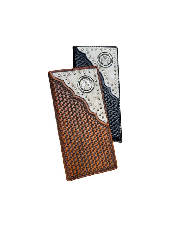 Six Shooter Concho Long Wallet Leather Basketweave Tooled Cow Hair