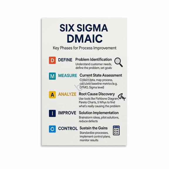 Six Sigma DMAIC Process Guide Poster Quality Control And Process Improvement Educational Wall Art (4) Canvas for Living Room Bedroom Decor
