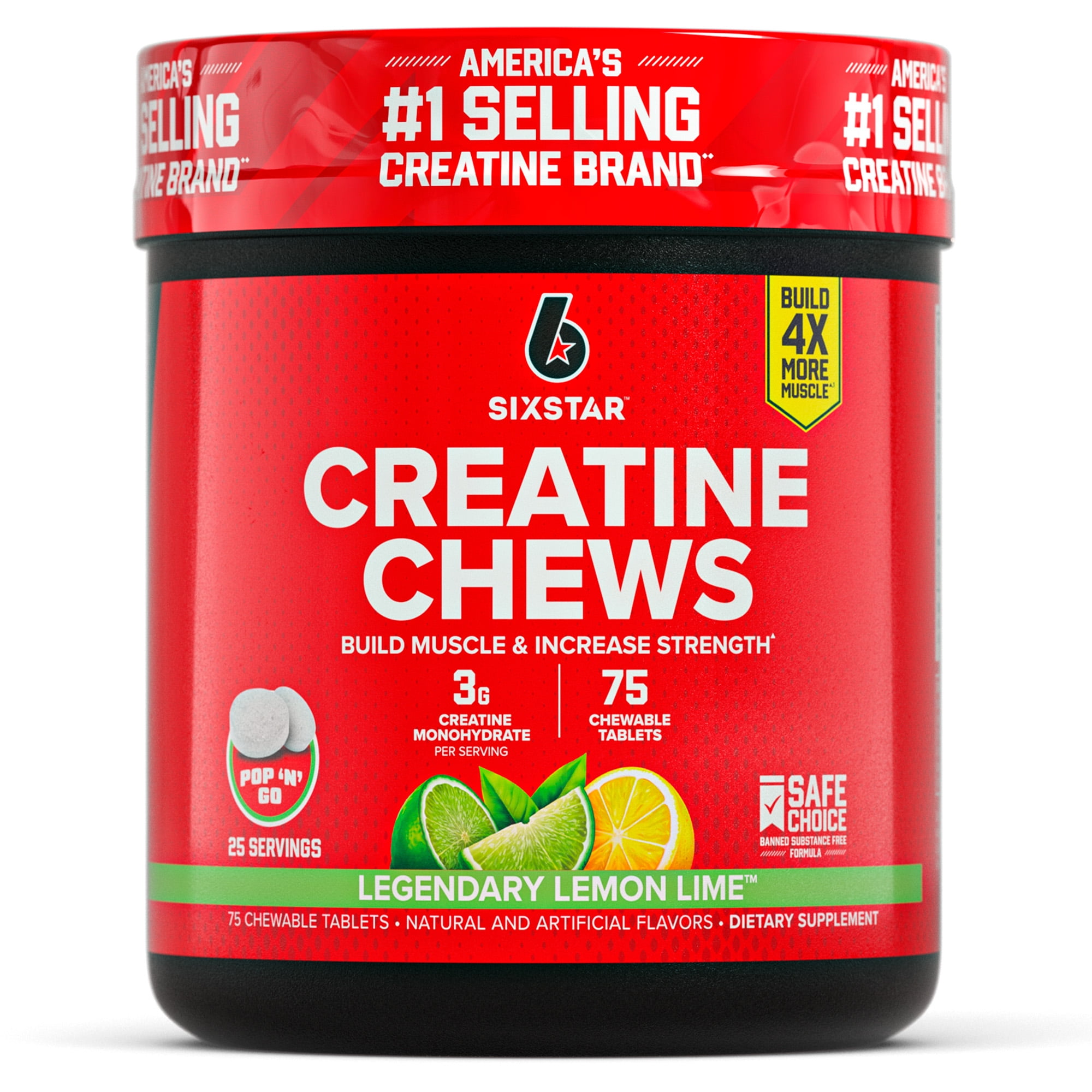 Six Star Pro Nutrition Creatine 3g Chews, Legendary Lemon Lime, 75 Count