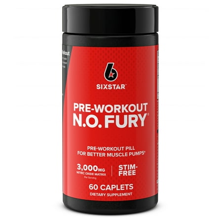 Six Star N.O.Fury Pre-Workout Pill, Stim-Free 3000 mg Nitric Oxide, 60 Ct, 20 Servings
