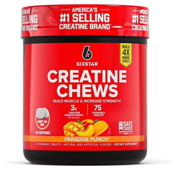 Six Star Pro Nutrition Creatine 3g Chews, Paradise Punch, 75 Count