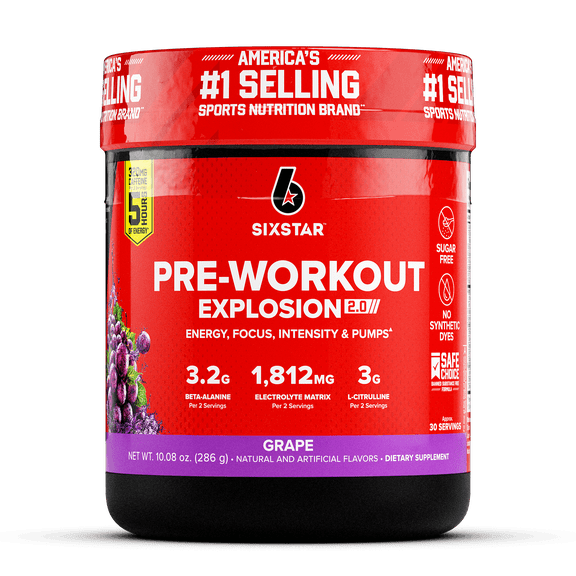 Six Star Pro Nutrition Explosion 2.0 Pre-Workout Powder, Electrolyte Matrix, Grape