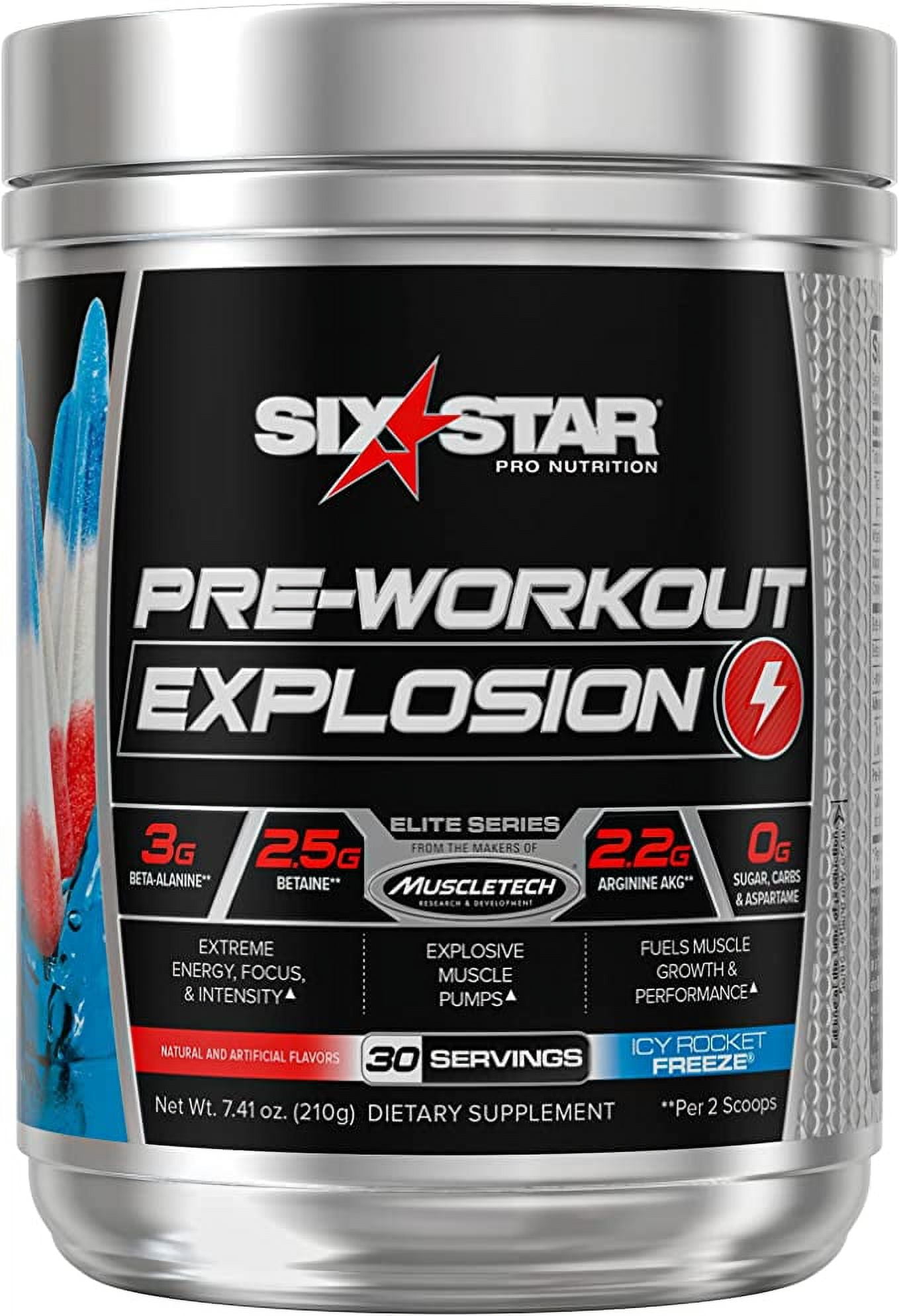 Six Star Pro Nutrition Pre-Workout Explosion Drink Mix, Icy Rocket Freeze, 30 Servings, 7.41 oz
