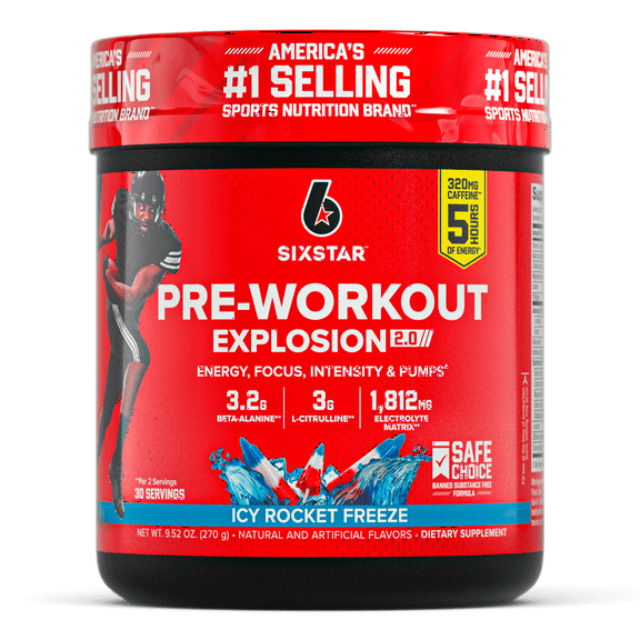 Six Star Pro Nutrition Pre-Workout Powder Explosion 2.0 Electrolyte Matrix, Icy Rocket Freeze, 9.52 oz