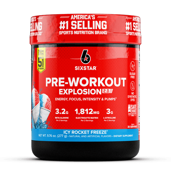 Six Star Pro Nutrition Pre-Workout Powder Explosion 2.0 Electrolyte Matrix, Icy Rocket Freeze, 9.76 oz