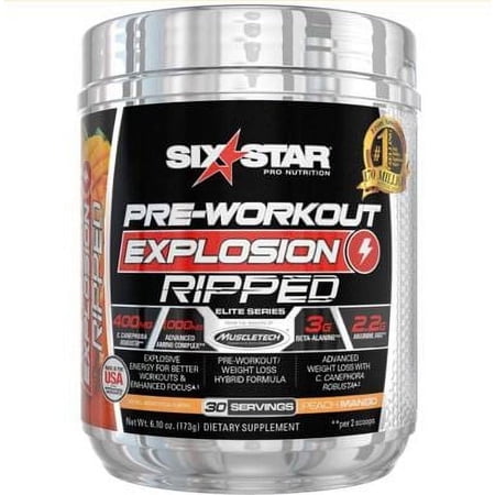 Six Star Pro Nutrition Pre-Workout Powder Explosion Ripped, Peach Mango, 6.1 oz, 30 Servings