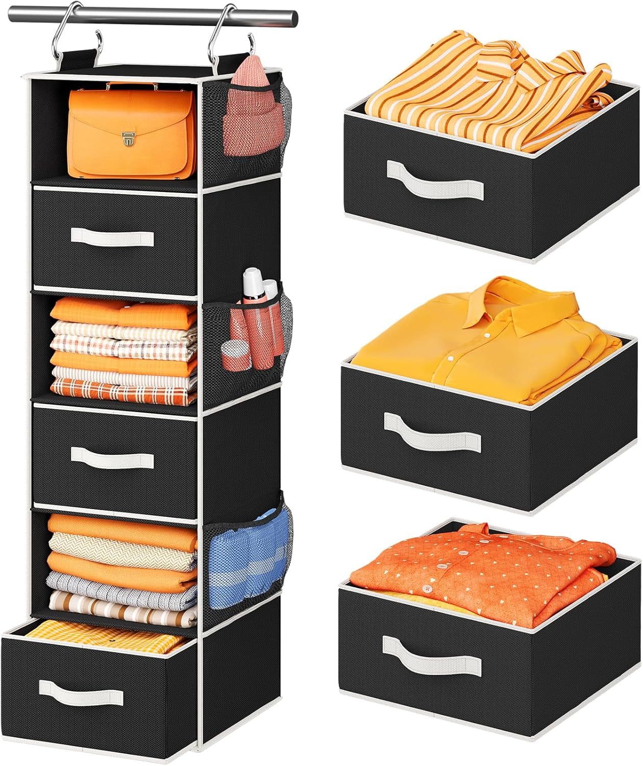 Six-Tier Hanging Closet Organizer with 3 Drawers and Side Pockets ...