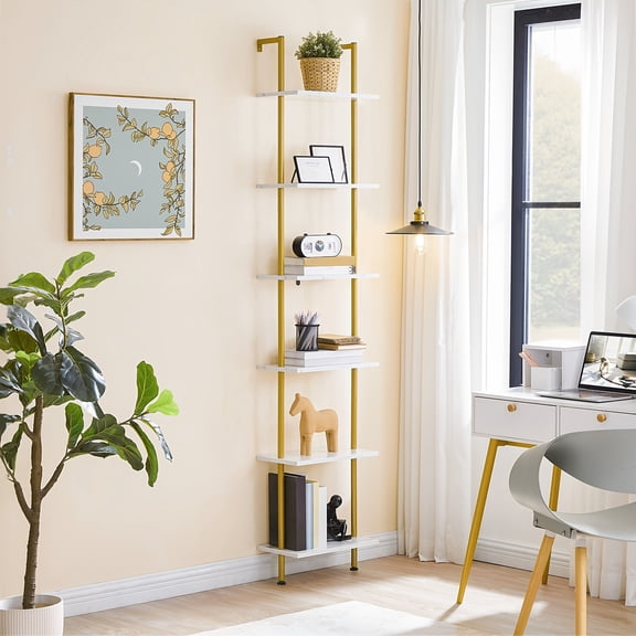 Six-Tier Ladder Shelf | Wall Mounted Bookcase, Vertical Storage Shelf, Narrow Display Rack, Plant Stand for Living Room, Bedroom, Study, Balcony, Home Office, Wooden Shelving Unit in Golden Finish
