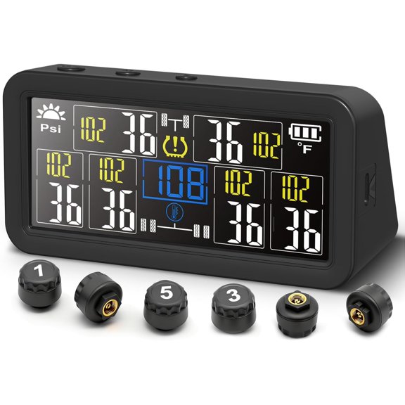 Six-Wheel Tire Pressure Monitoring System - TPMS - Featuring a 4-inch LCD Display - 5 Modes: RV/Trailer/Truck/Solar & Type-C Dual Charger TPMS Kit