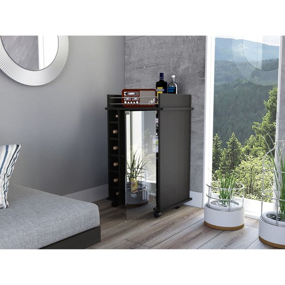 Six built - in wine racks, locking mechanism on wheels | In dining rooms, keeps wine organized and cart stable