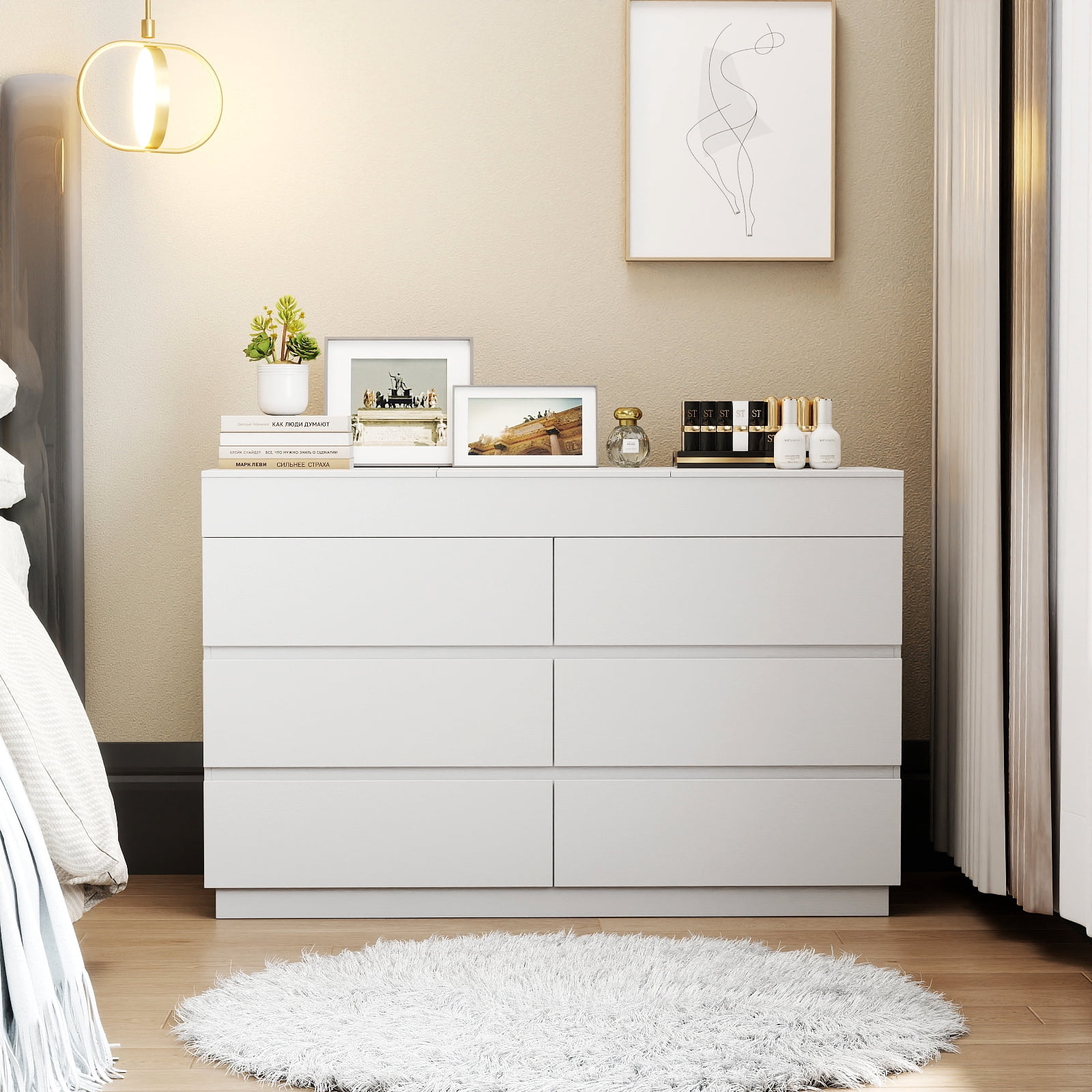 Six-drawer Cabinet With Mirror, White Embossed P2 12mm Particleboard With Melamine Veneer, 120*40*85.5cm