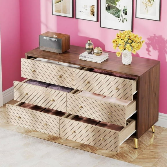 Six-drawer storage cabinet/kitchen cabinet, spacious storage space, warm home style, sturdy and stable, easy to assemble, simple to maintain, easy to clean