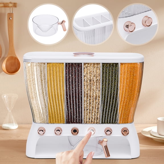 Six-grid Dry Food Dispenser Grains Storage Kitchen Storage with Measuring Cup Adjustable Compartment Size