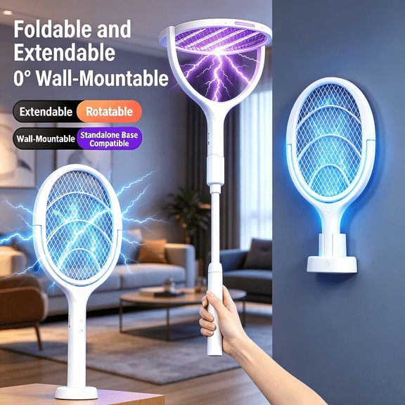 Six-in-one handheld mosquito-repellent lamp racket with LED light, electric fly swatter racket with rotating head for indoor use, powerful mosquito trap lamp and repeller, with 3-layer safety net