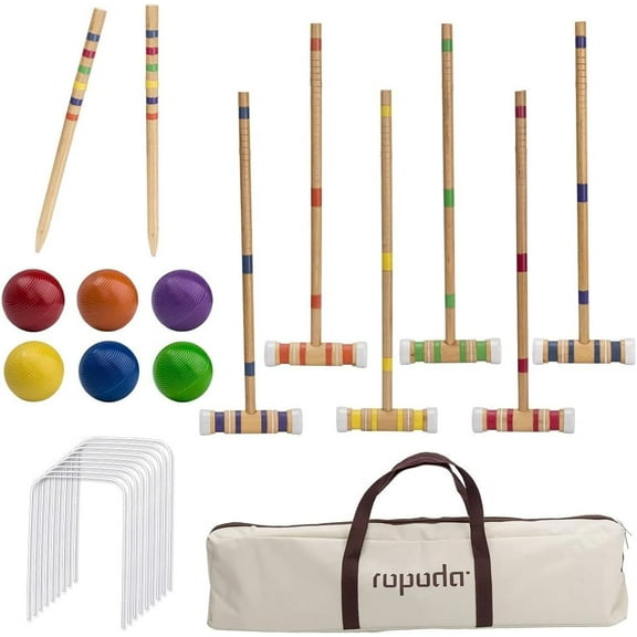 Six-player croquet set with mallets, colorful balls, and a sturdy carry bag for adults and kids, perfect for lawns, backyards, parks, and more