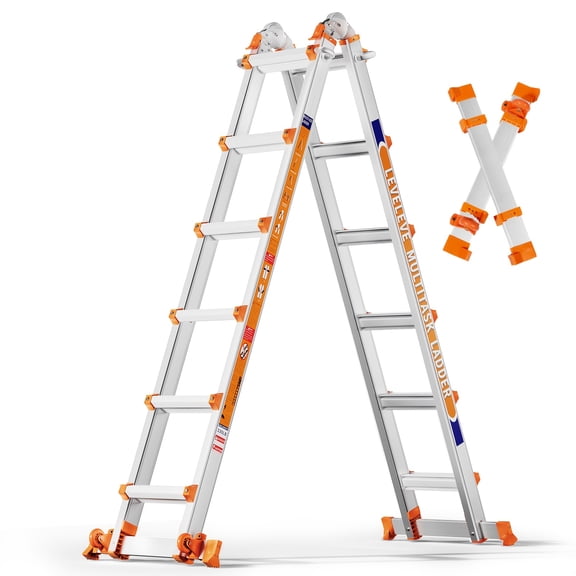 Six-step A-frame Ladder with Double Stabilizer Bars and Casters, 330 Lbs Load Capacity, Suitable for Stairs, Indoor and Outdoor Homes, and Rooftops.
