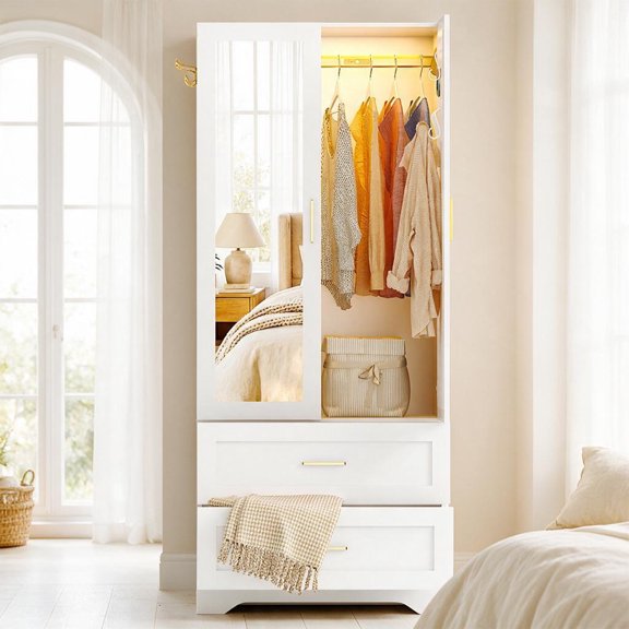 SixLoveM White Wardrobe Closet with Mirror Door, 2 Doors & 2 Drawers Storage Cabinet with LED Sensor Light, Built-in Pegboard Organizer, Freestanding Clothes Wardrobe for Bedroom