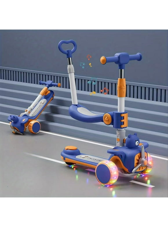 Sixbaby Kids Kick Scooter with 3 Light up Wheels, Toddler Scooter with Adjustable Handlebars & Folding Seat for Boys/ Girls up to 200lbs in Blue