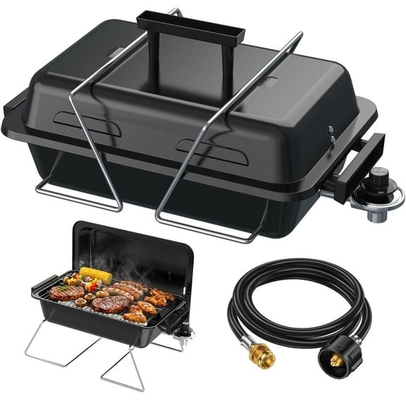 Sixday Portable Propane Gas Grill with 2-in-1 Valve, Foldable Legs, Adjustable Regulator - Heavy Duty, Compatible with 20-lb & 1-lb Propane Tanks for Outdoor Use