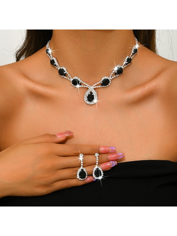 Sixexey Bridal Wedding Jewelry Set Silver Rhinestone Crystal Necklace Earrings Sparkly Prom Costume Neck Jewelry for Women