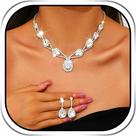 Sixexey Bridal Wedding Jewelry Set Silver Rhinestone Crystal Necklace Earrings Sparkly Prom Costume Neck Jewelry for Women