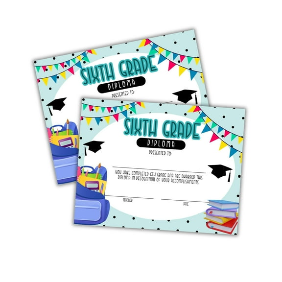 Sixth Grade Diploma Graduation Certificate 30pk 8.5x11 Superlatives Class Awards Achievement Completion Recognition Teachers Polka Dot 6th